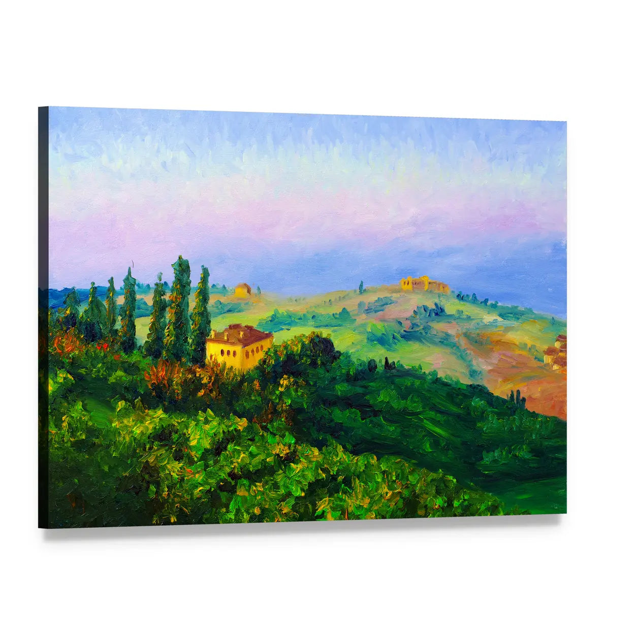 Hilltop Yellow Villa at Sunset Canvas Wall Art, single panel gallery wrapped canvas, angled product view