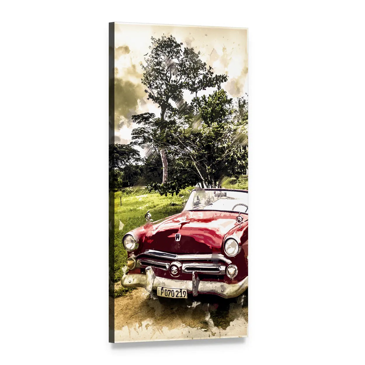 Vintage Red Convertible with Trees Vertical Canvas Wall Art, 1 panel 1 Vertical layout gallery wrapped canvas set, angled product view