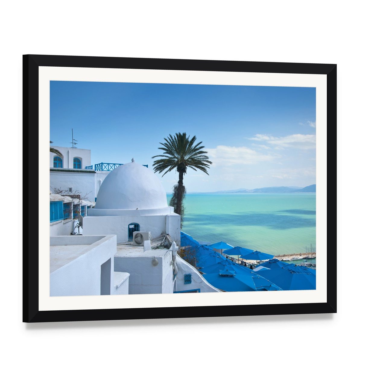 Sidi Bou Said, Tunis Canvas Wall Art, framed print with white mat and black frame, angled product view