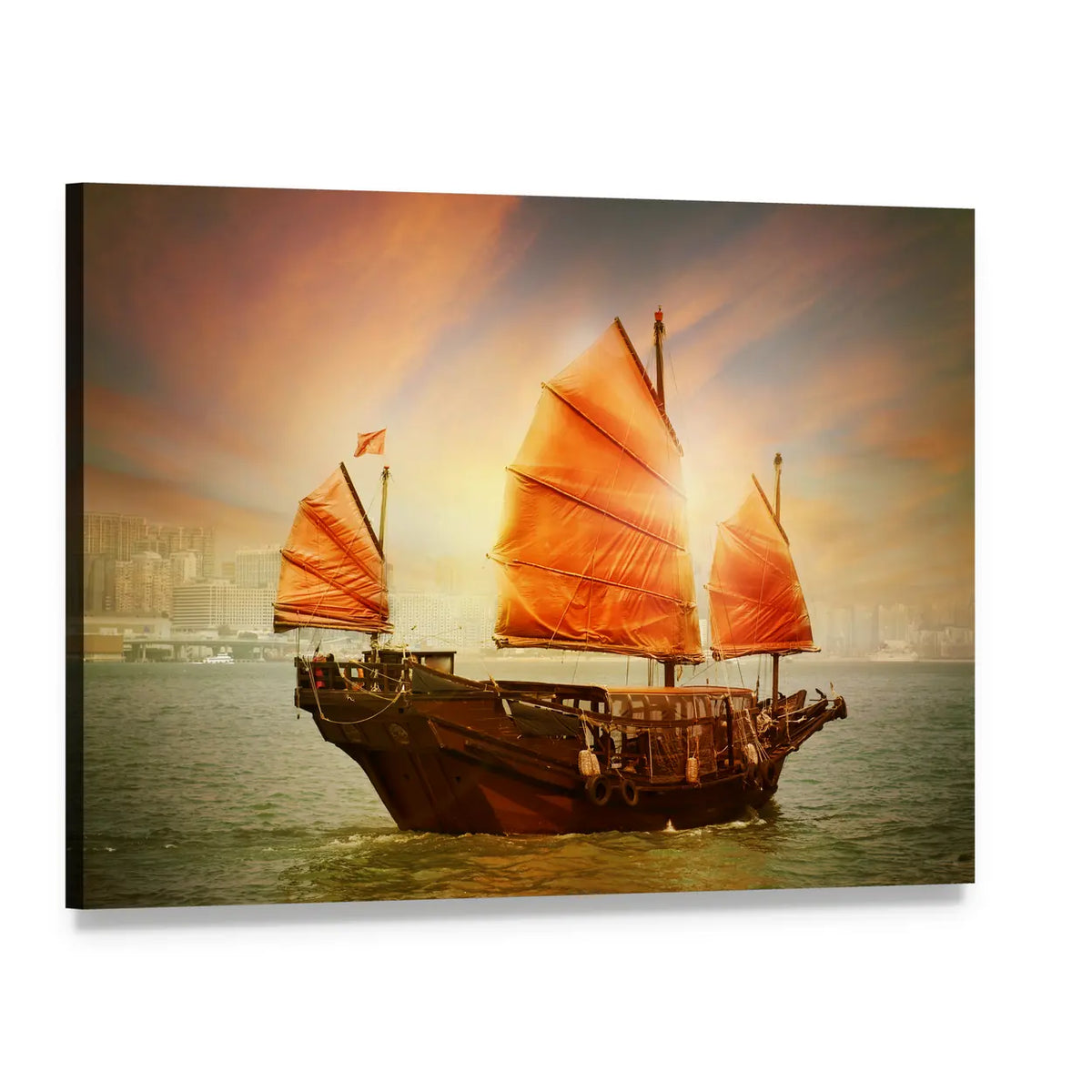 Chinese Junk Boat at Sunset Canvas Wall Art, single panel gallery wrapped canvas, angled product view