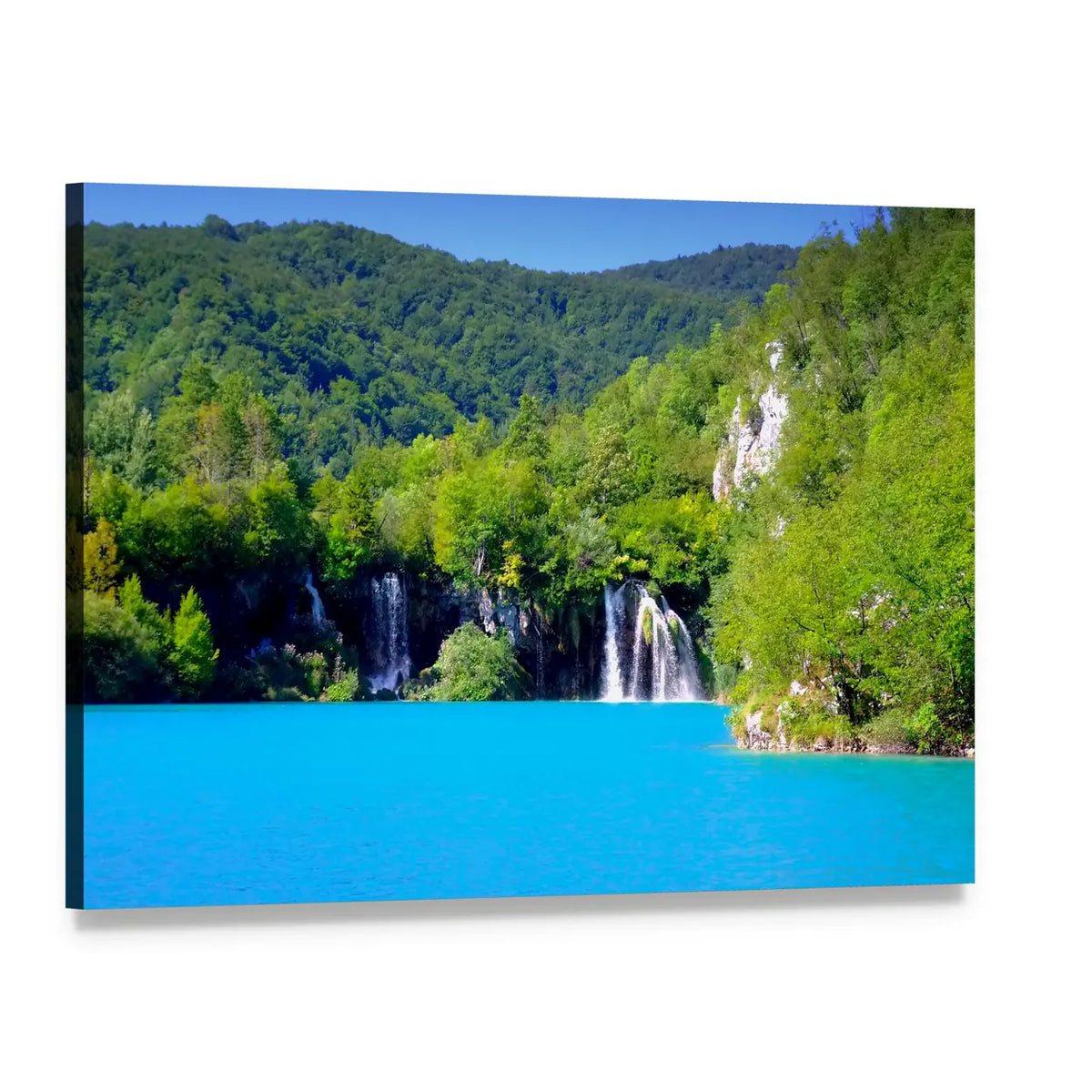 Plitvice Lakes Waterfall and Lake Canvas Wall Art, single panel gallery wrapped canvas, angled product view
