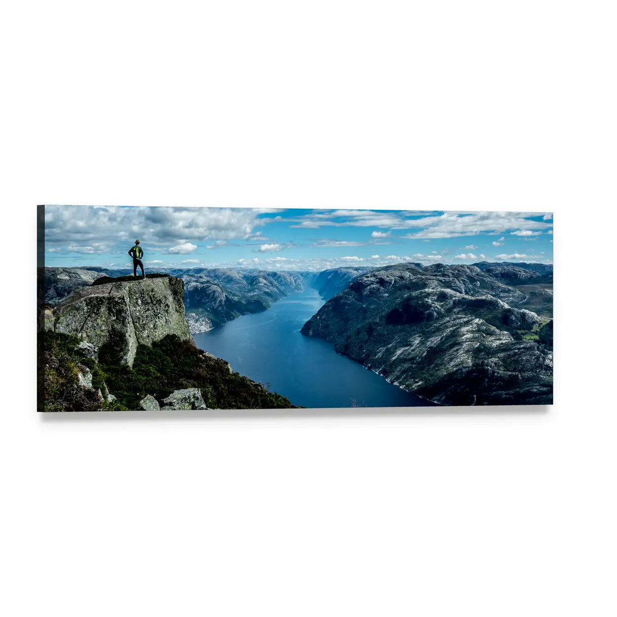 Lone Hiker on Mountain Fjord Cliff Panoramic Canvas Wall Art, single panel gallery wrapped canvas, angled product view