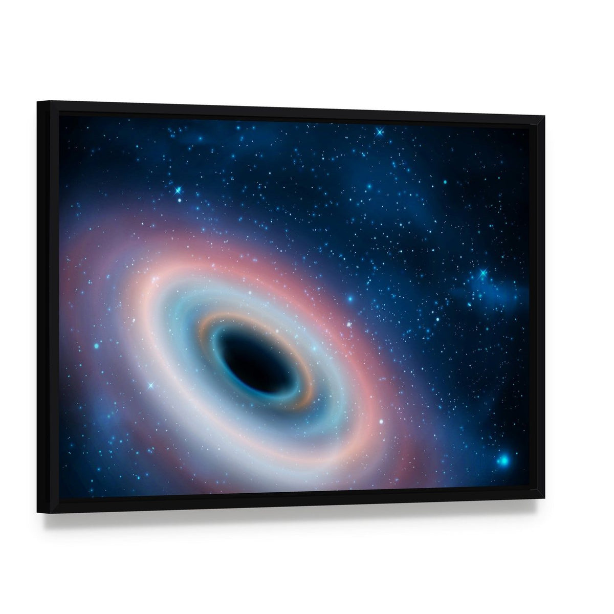Black Hole in Universe Canvas Wall Art, framed canvas in a black floater frame, angled product view