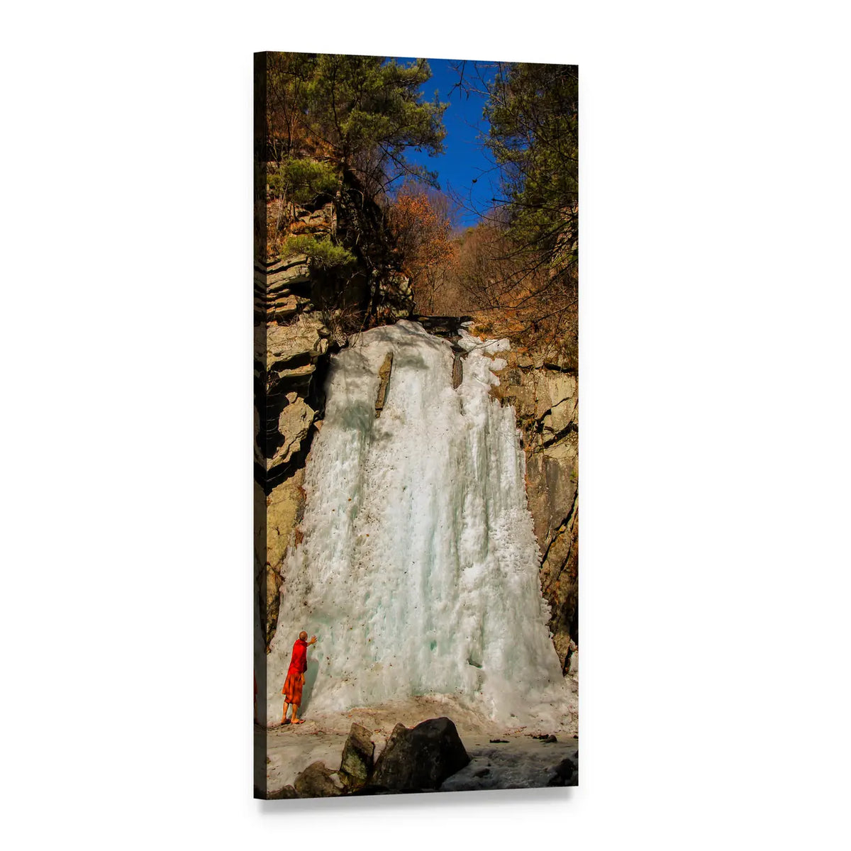 Figure in Red at Frozen Waterfall Vertical Canvas Wall Art, 1 panel 1 Vertical layout gallery wrapped canvas set, angled product view
