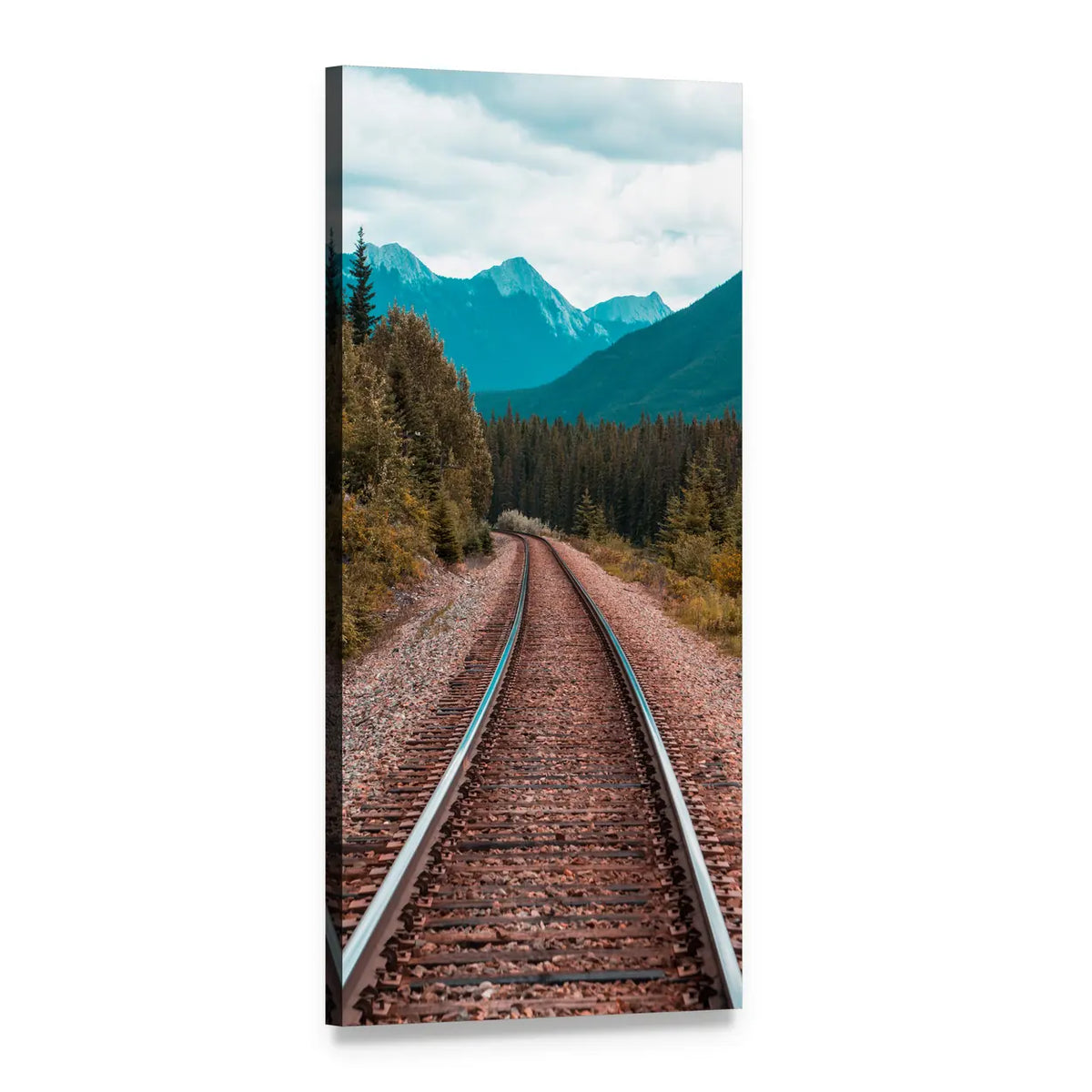 Railroad Tracks Curving Into Forest Vertical Canvas Wall Art, 1 panel 1 Vertical layout gallery wrapped canvas set, angled product view