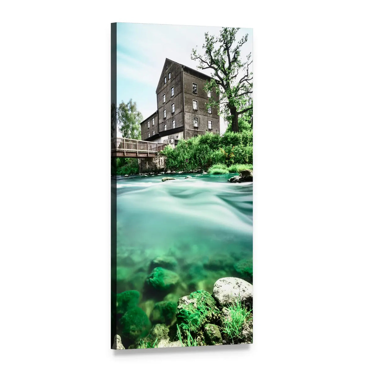 Wooden Bridge by Green River Vertical Canvas Wall Art, 1 panel 1 Vertical layout gallery wrapped canvas set, angled product view