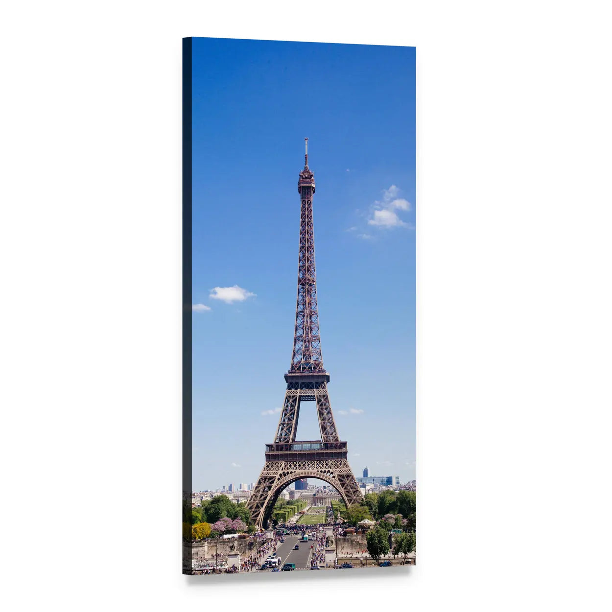 Eiffel Tower and Paris Skyline Vertical Canvas Wall Art, 1 panel 1 Vertical layout gallery wrapped canvas set, angled product view