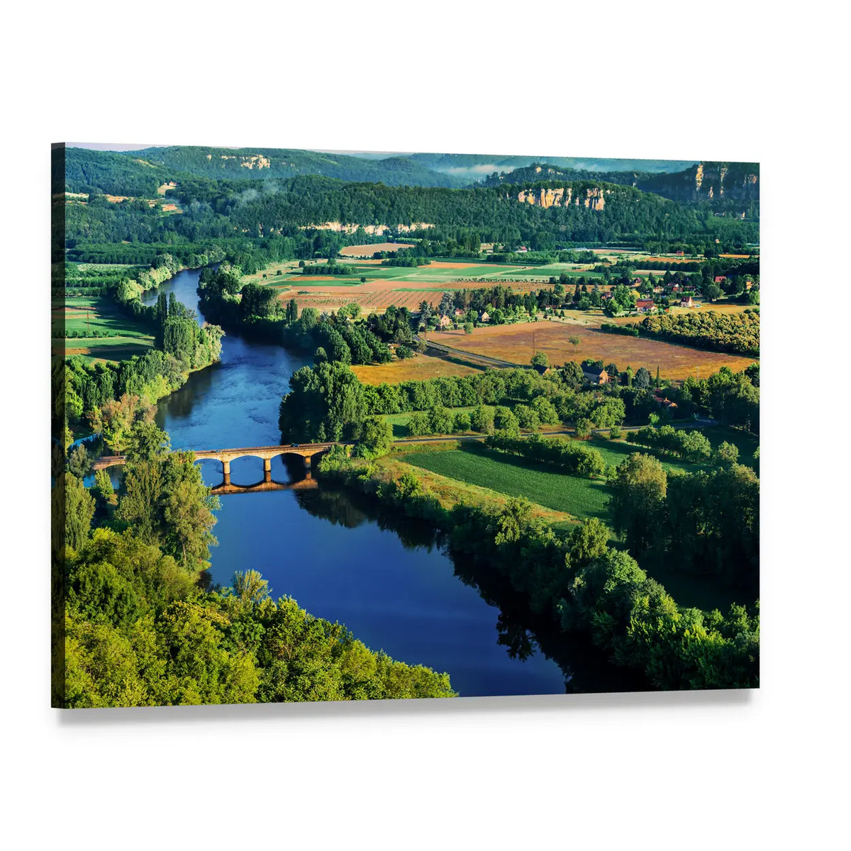 Stone Bridge Over Winding River Canvas Wall Art, single panel gallery wrapped canvas, angled product view