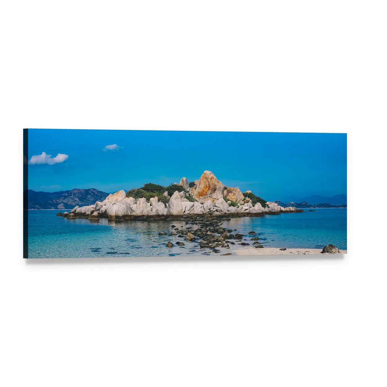 Small Rocky Island Near Beach Panoramic Canvas Wall Art, single panel gallery wrapped canvas, angled product view