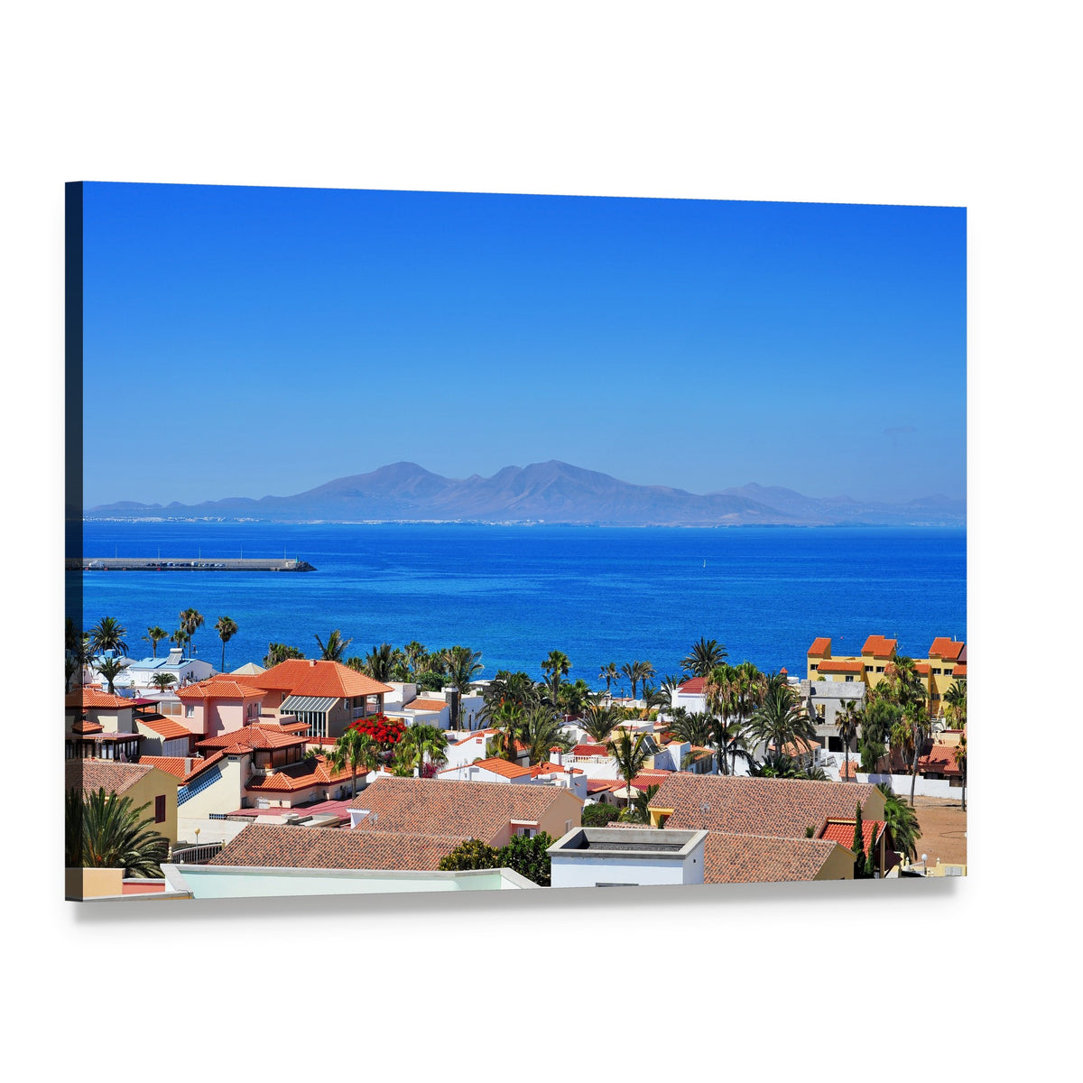View of Lobos Island from Corralejo Canvas Wall Art, single panel gallery wrapped canvas, angled product view