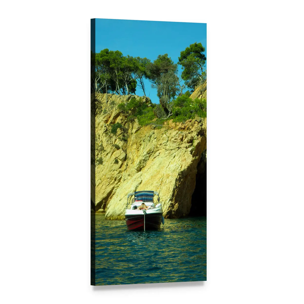 Boat Moored Near Cliffside Cave Vertical Canvas Wall Art, 1 panel 1 Vertical layout gallery wrapped canvas set, angled product view