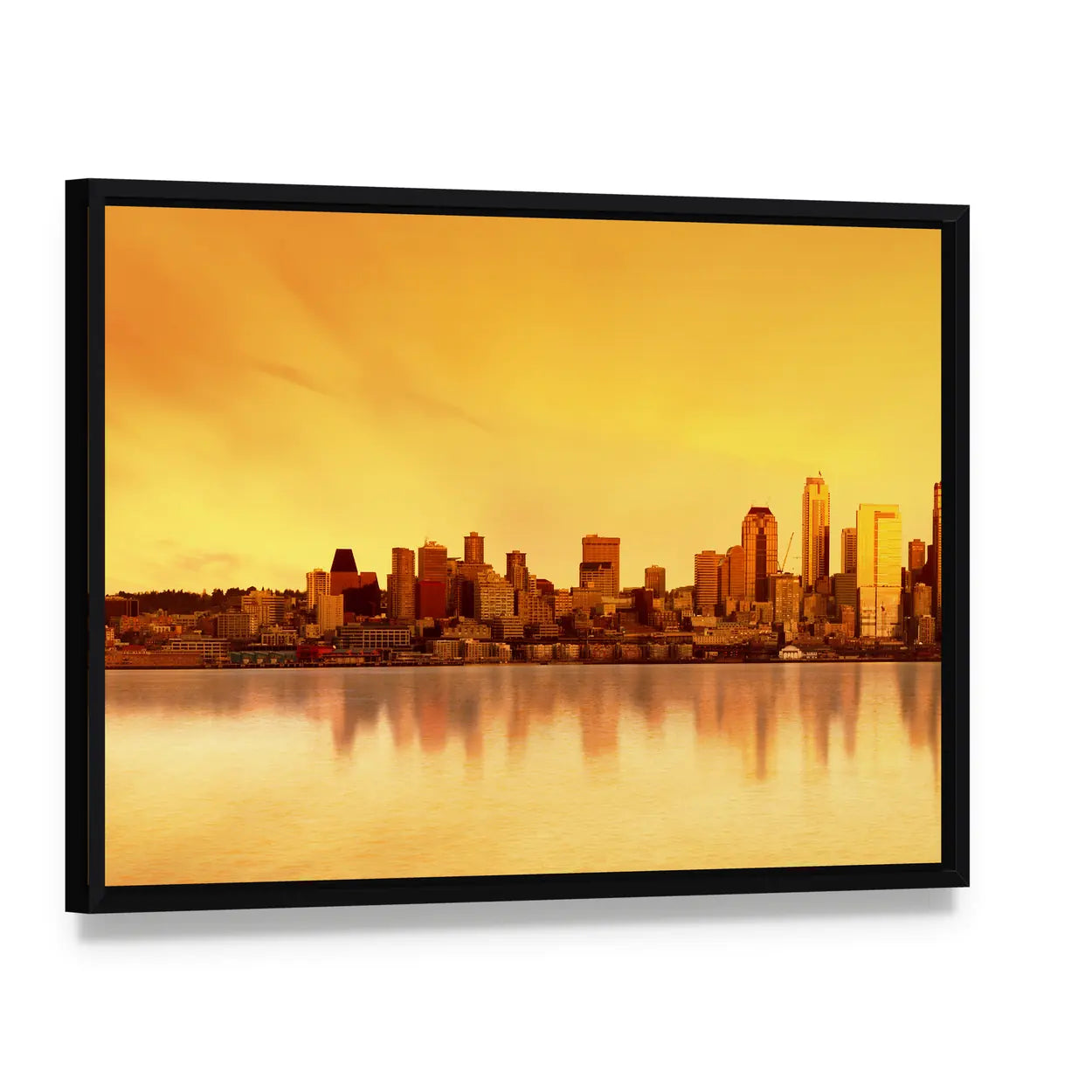 Seattle Skyline at Sunset Canvas Wall Art, framed canvas in a black floater frame, angled product view