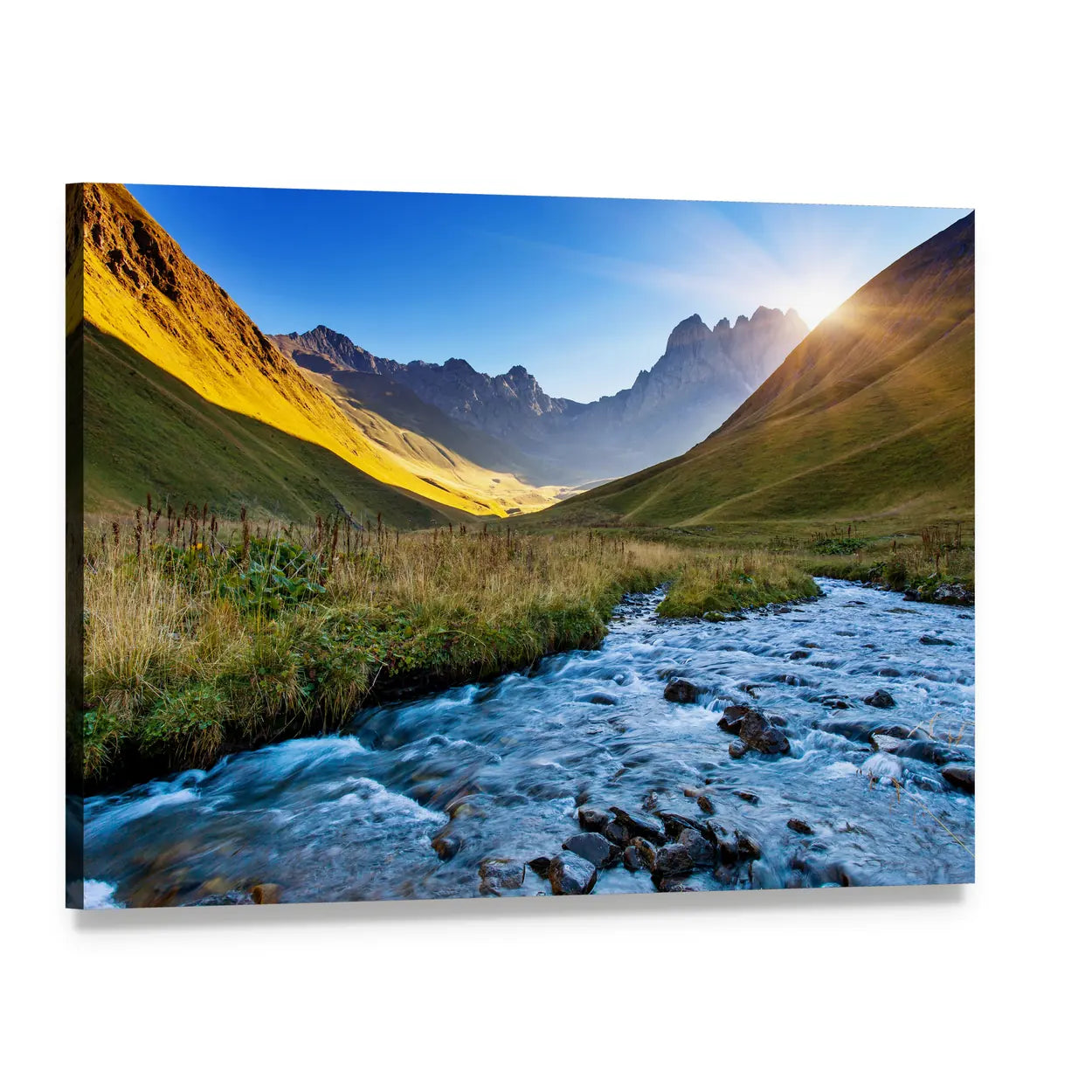 Mountain River in Summer Canvas Wall Art, single panel gallery wrapped canvas, angled product view