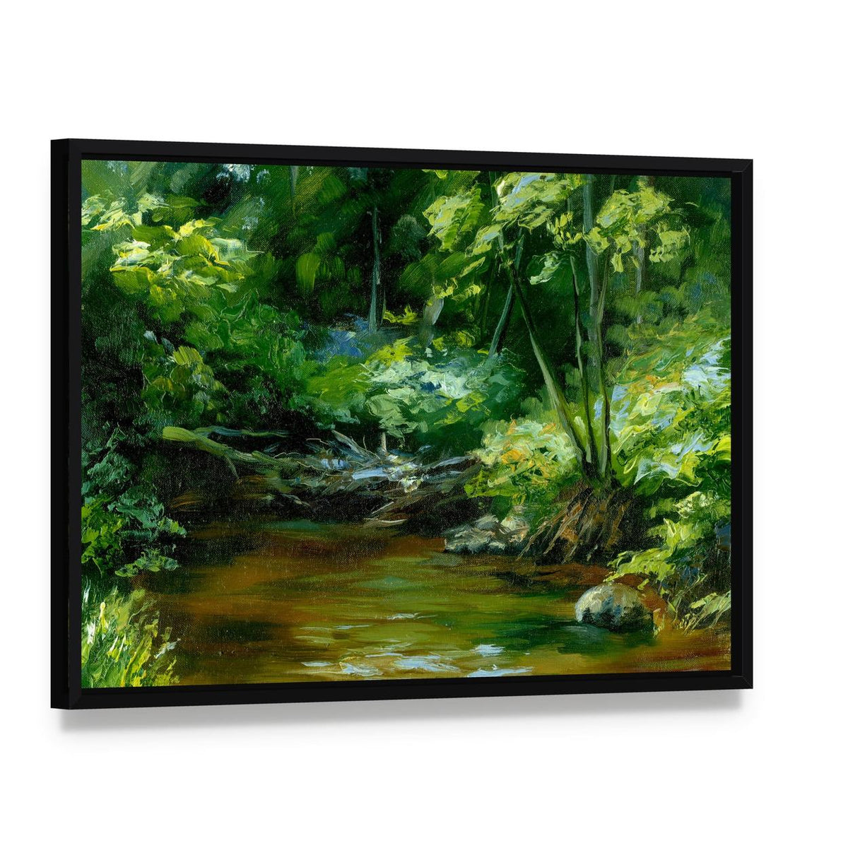 Rivulet in Thick Forest Canvas Wall Art, framed canvas in a black floater frame, angled product view