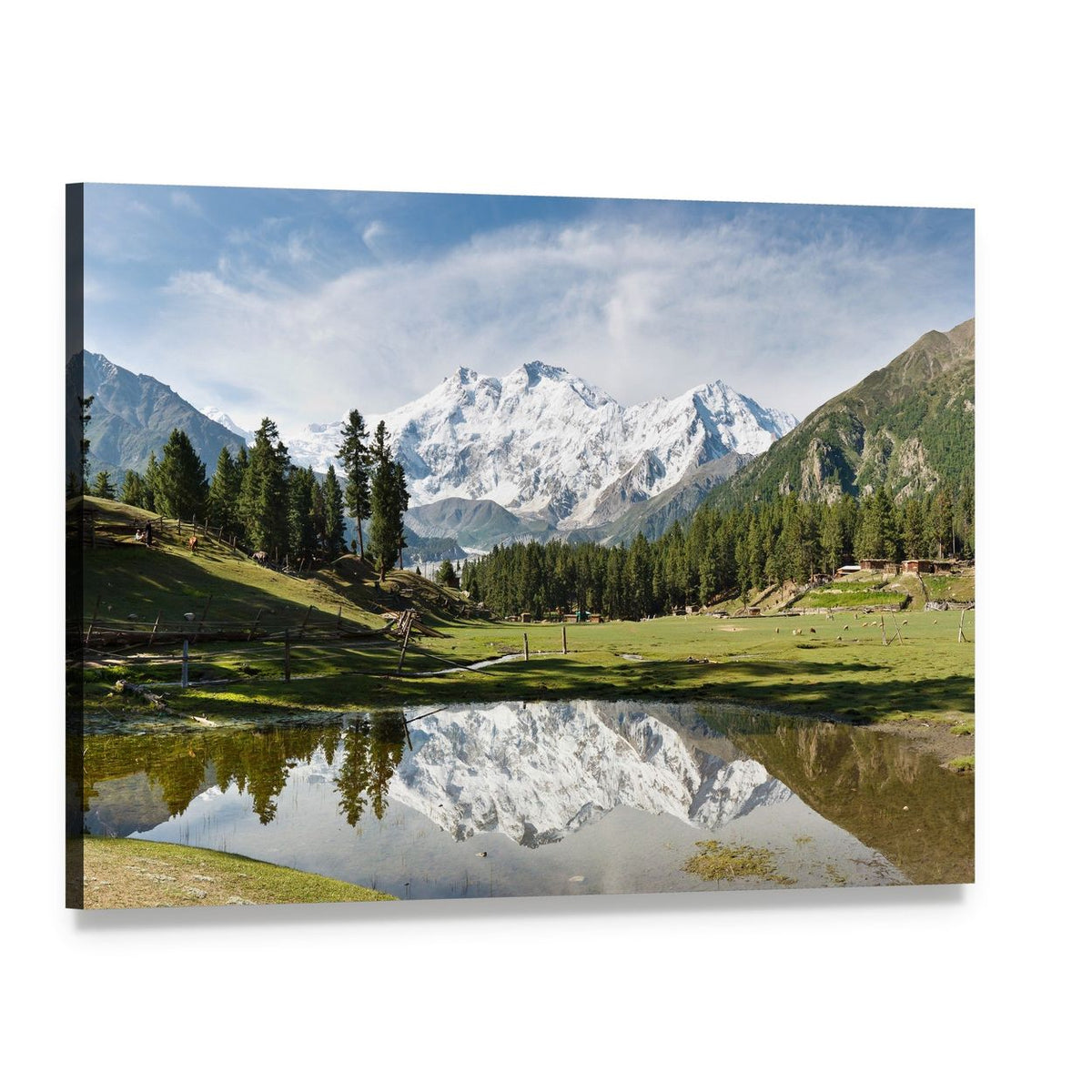 Nanga Parbat Reflected in Tranquil Pond Canvas Wall Art, single panel gallery wrapped canvas, angled product view