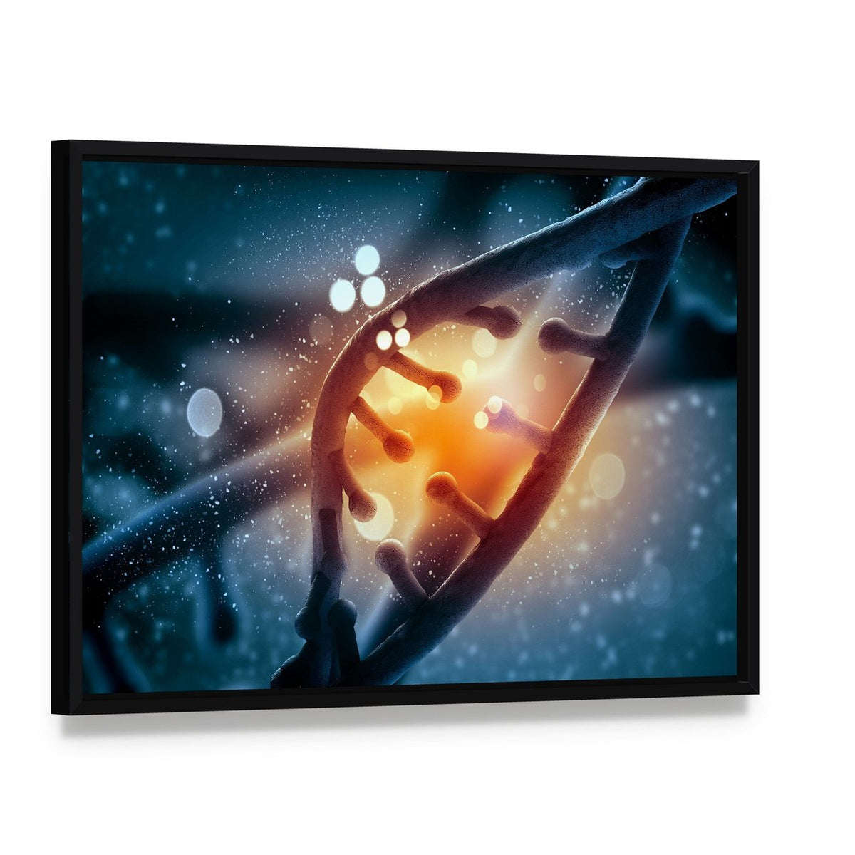 Glowing Dna Double Helix Canvas Wall Art, framed canvas in a black floater frame, angled product view