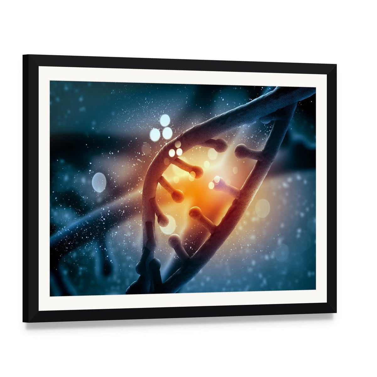 Glowing Dna Double Helix Canvas Wall Art, framed print with white mat and black frame, angled product view