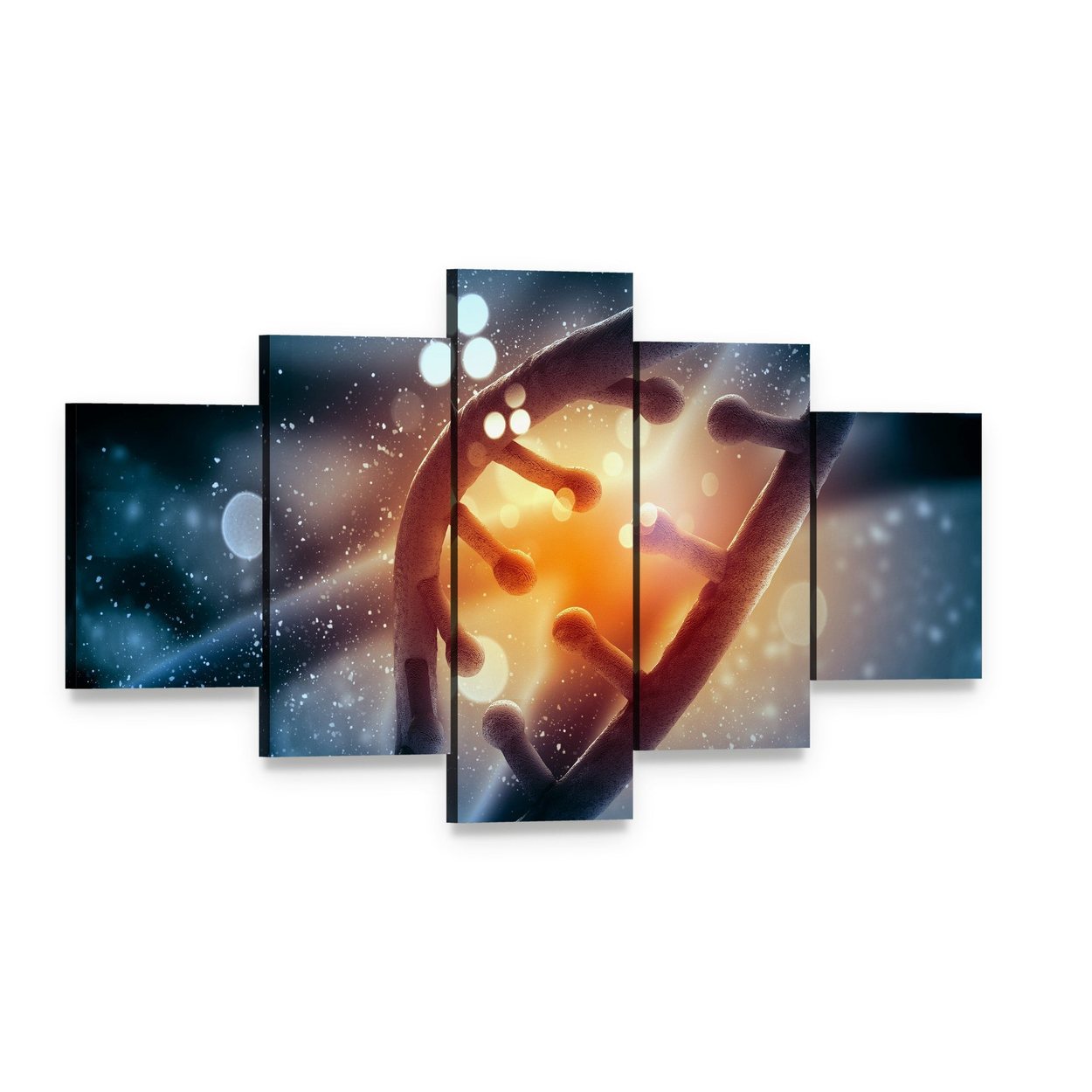 Glowing Dna Double Helix Canvas Wall Art, 5 panel 5 Star layout gallery wrapped canvas set, angled product view