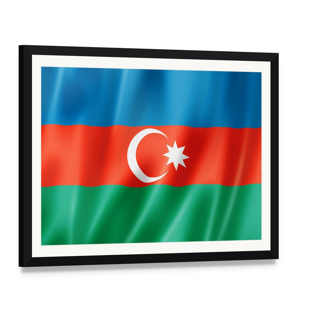 Azerbaijan Flag Canvas Wall Art, framed print with white mat and black frame, angled product view