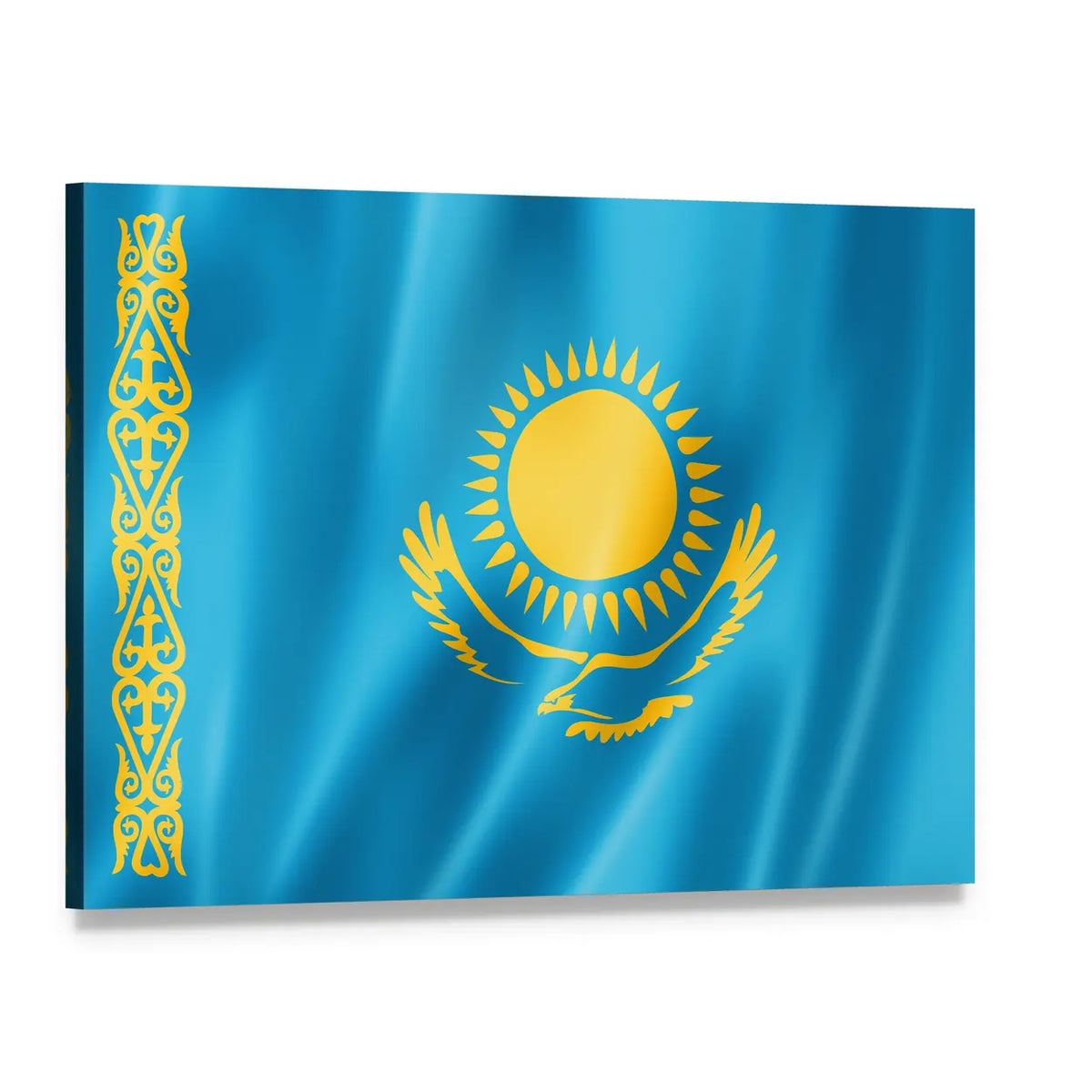 Kazakhstan Flag with Sun and Eagle Canvas Wall Art, single panel gallery wrapped canvas, angled product view