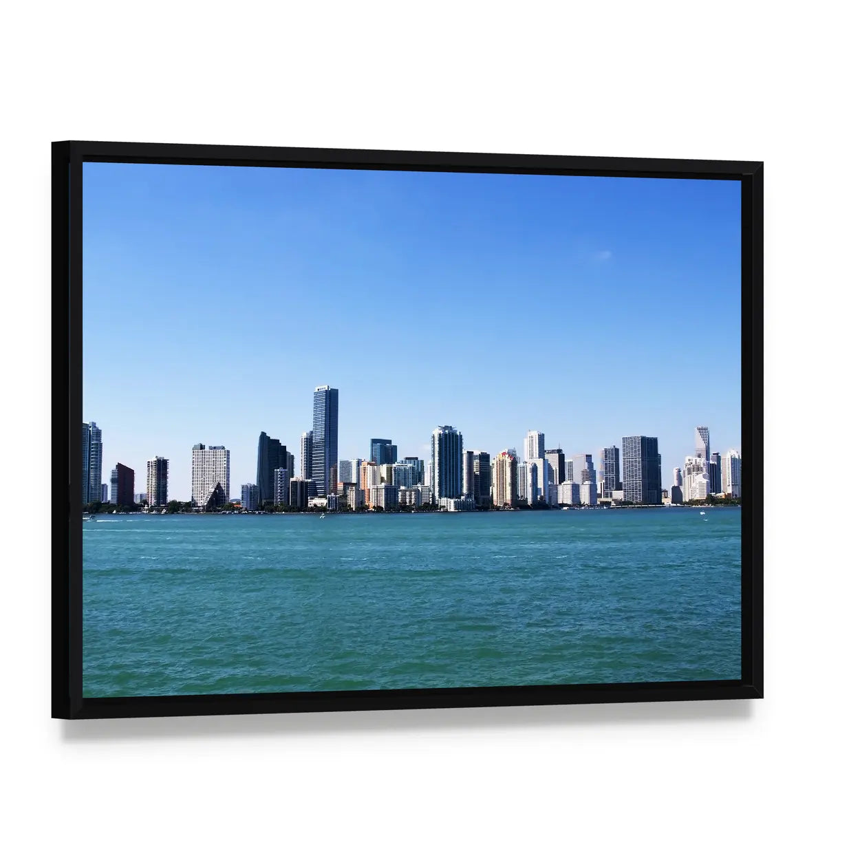 Downtown Miami Skyline Canvas Wall Art, framed canvas in a black floater frame, angled product view