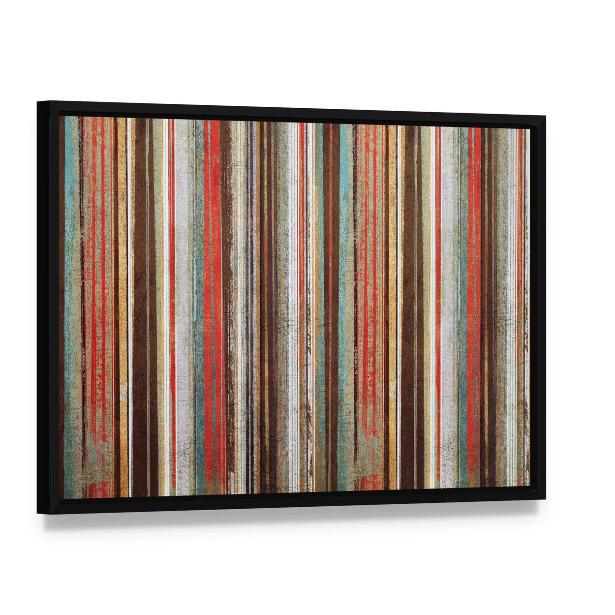 Vintage Shabby Striped Wallpaper Canvas Wall Art, framed canvas in a black floater frame, angled product view