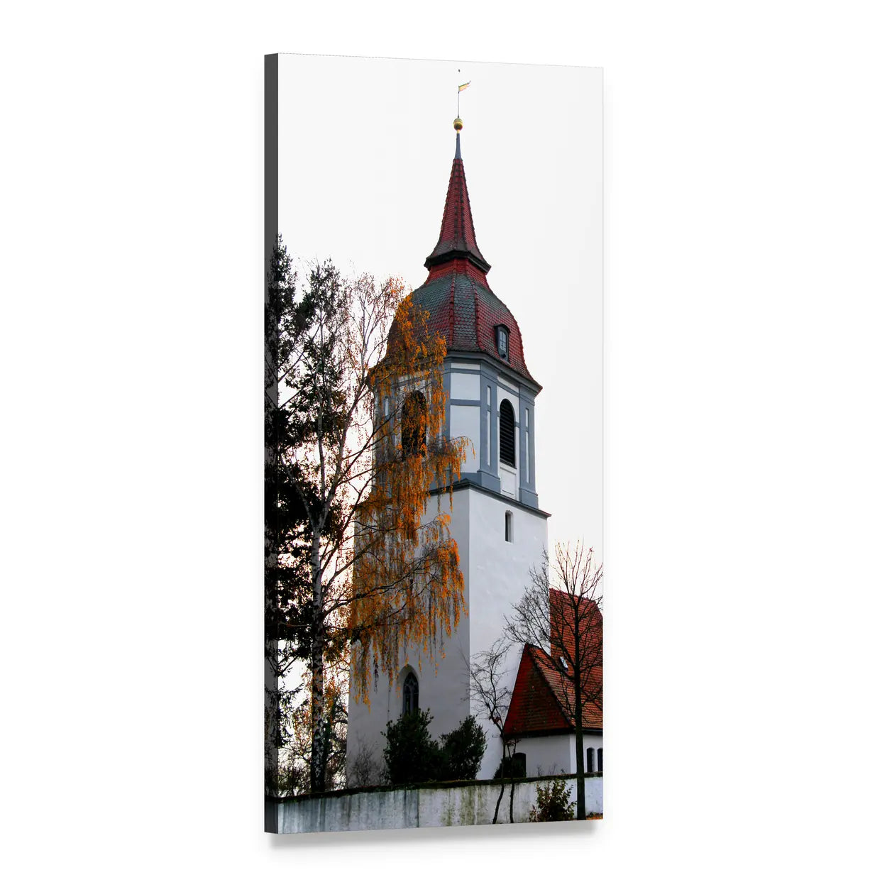 Chapel Steeple with Autumn Trees Vertical Canvas Wall Art, 1 panel 1 Vertical layout gallery wrapped canvas set, angled product view