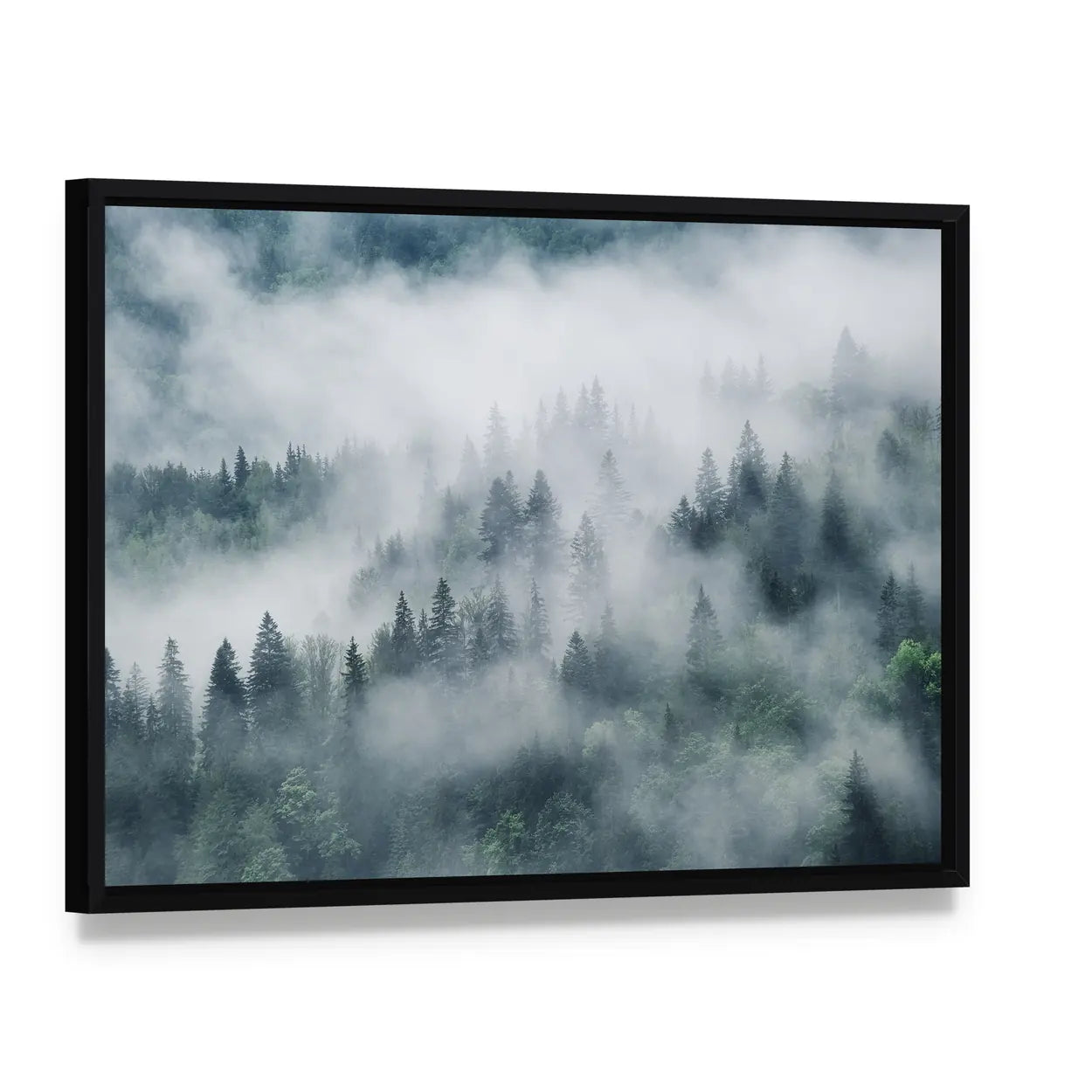 Foggy Forest In The Mountains Canvas Wall Art, framed canvas in a black floater frame, angled product view