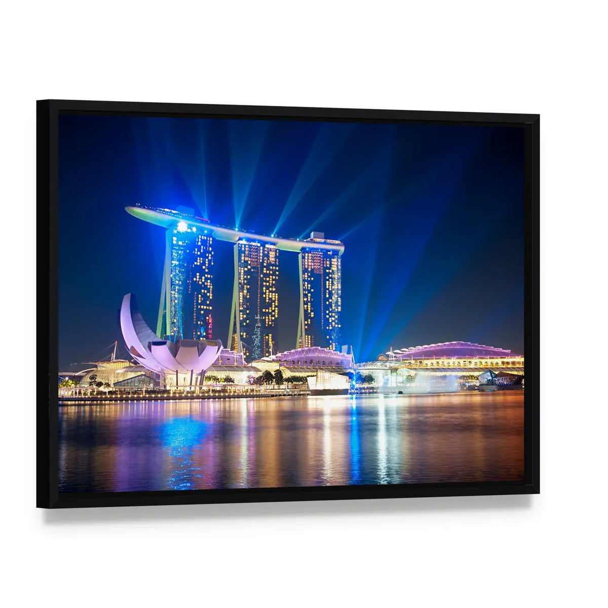 Marina Bay Sands at Night Canvas Wall Art, framed canvas in a black floater frame, angled product view