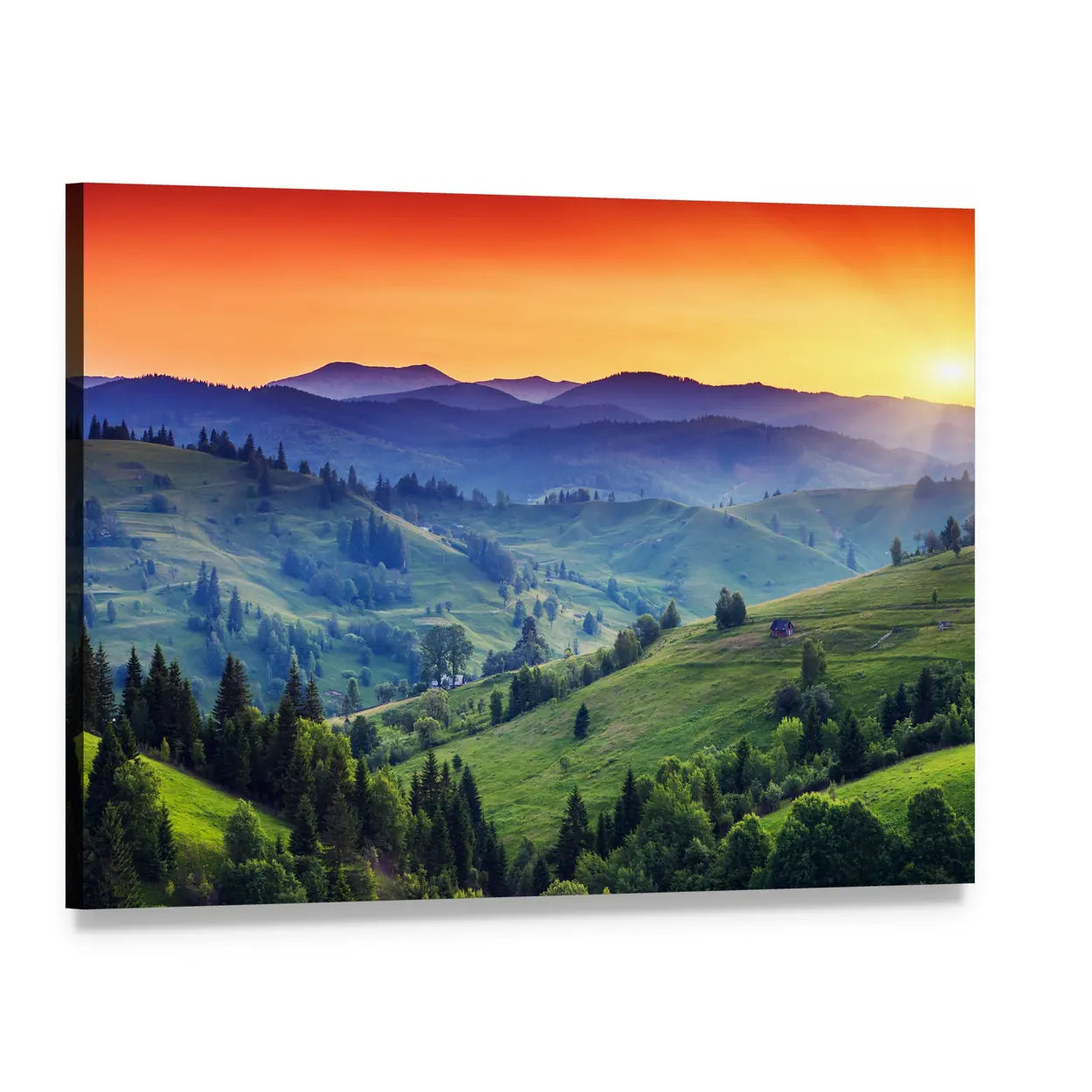Sunset Over Rolling Hills and Mountain Peaks Canvas Wall Art, single panel gallery wrapped canvas, angled product view