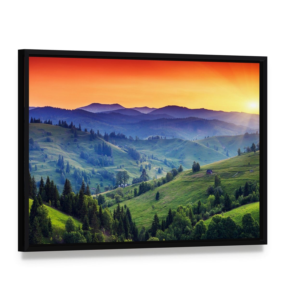 Green Hilly Valley Canvas Wall Art, framed canvas in a black floater frame, angled product view