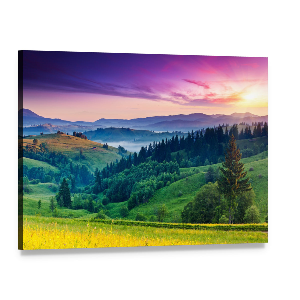 Misty Mountain Sunset with Pine Canvas Wall Art, single panel gallery wrapped canvas, angled product view