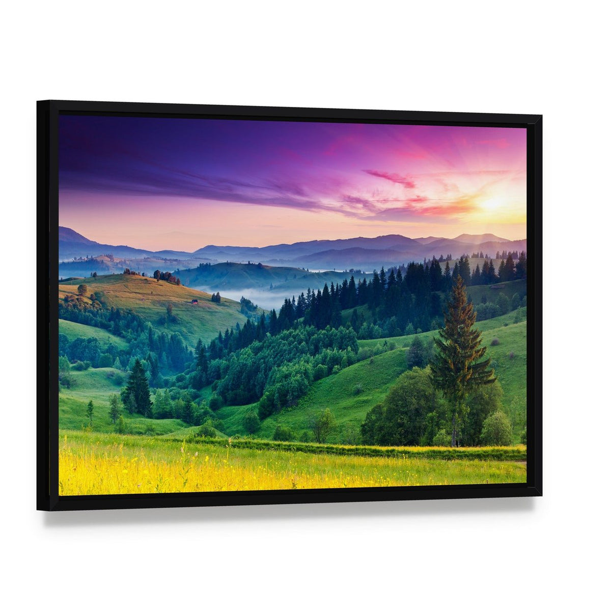 Misty Mountain Sunset with Pine Canvas Wall Art, framed canvas in a black floater frame, angled product view