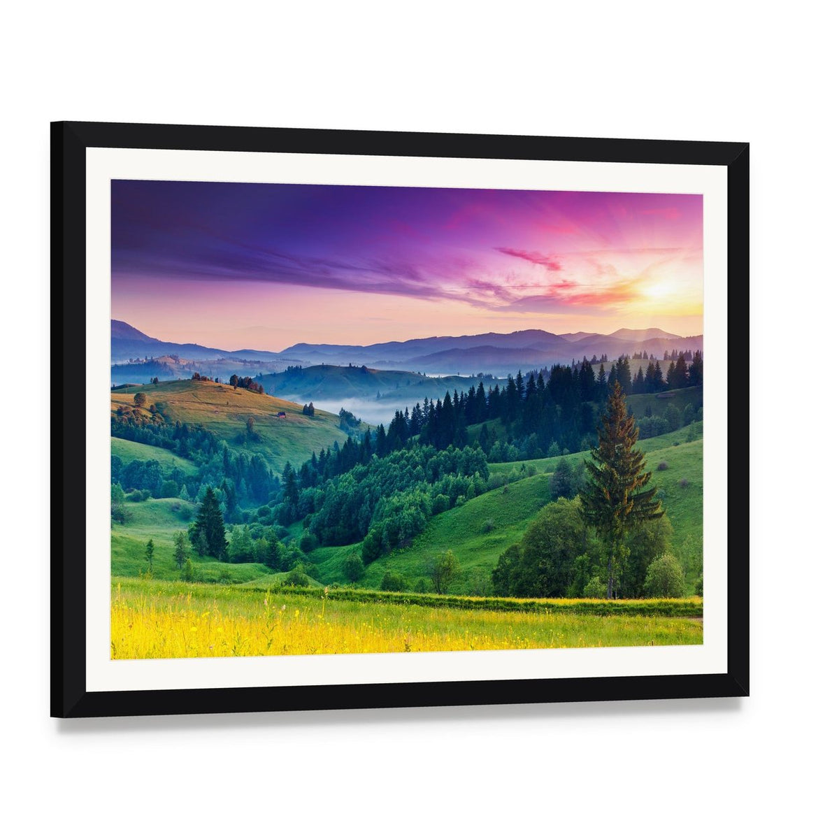 Misty Mountain Sunset with Pine Canvas Wall Art, framed print with white mat and black frame, angled product view