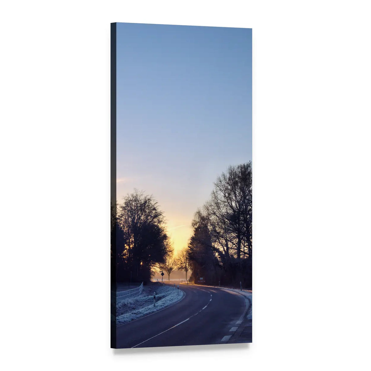 Morning Sunrise on Winter Road Vertical Canvas Wall Art, 1 panel 1 Vertical layout gallery wrapped canvas set, angled product view
