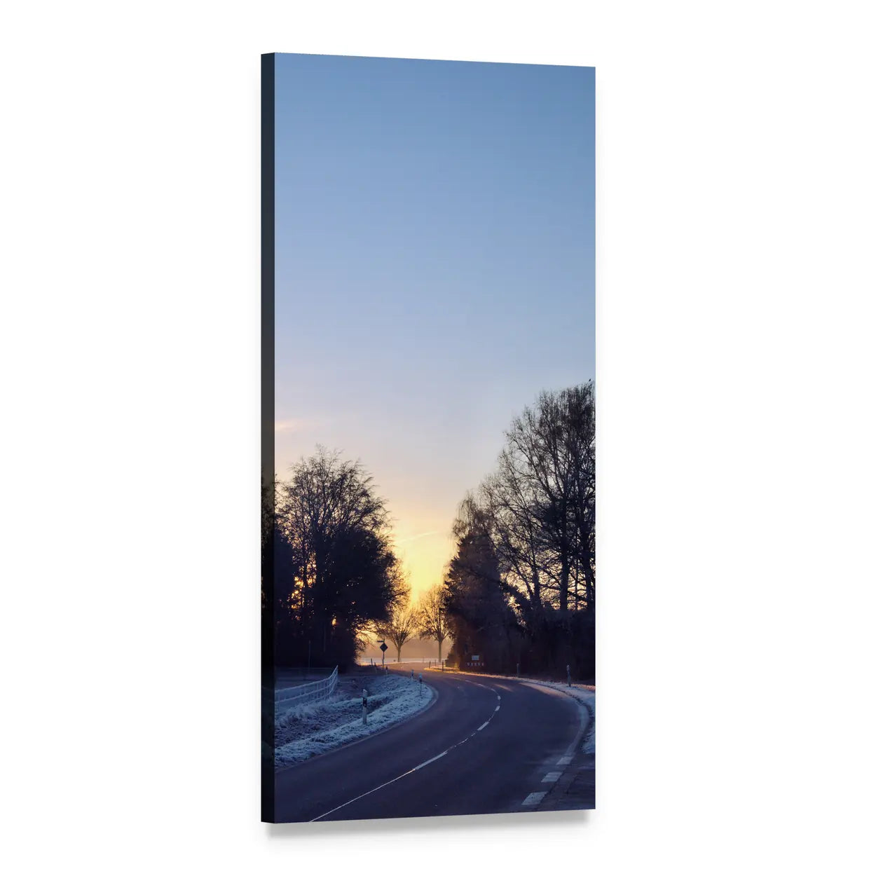 Morning Sunrise on Winter Road Vertical Canvas Wall Art, 1 panel 1 Vertical layout gallery wrapped canvas set, angled product view