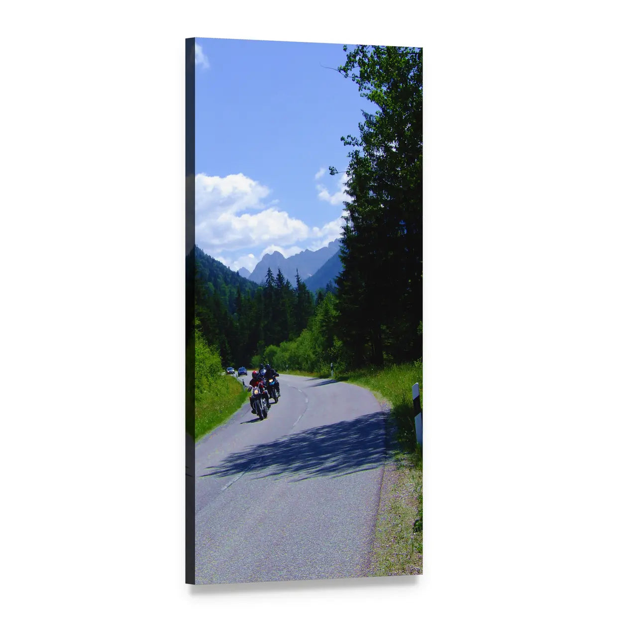 Motorcycles on German Mountain Road Vertical Canvas Wall Art, 1 panel 1 Vertical layout gallery wrapped canvas set, angled product view