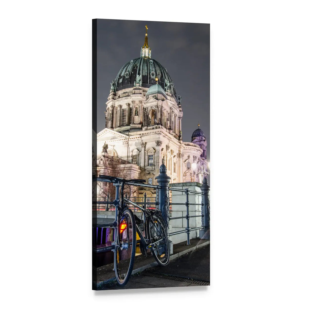 Bicycle by Berlin Cathedral at Night Vertical Canvas Wall Art, 1 panel 1 Vertical layout gallery wrapped canvas set, angled product view