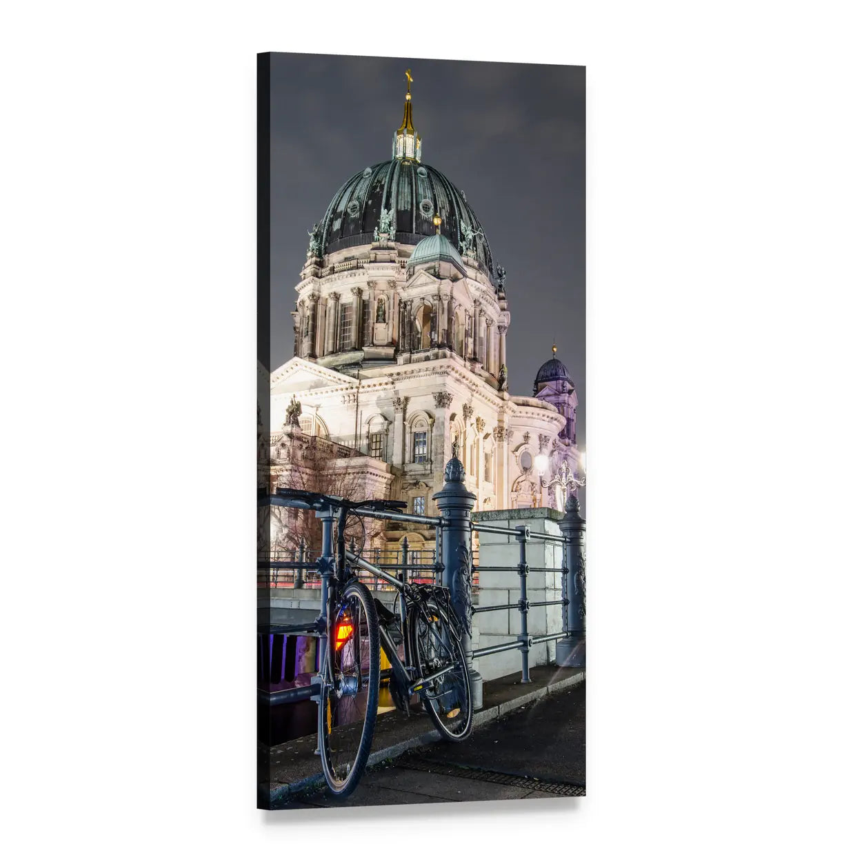 Bicycle by Berlin Cathedral at Night Vertical Canvas Wall Art, 1 panel 1 Vertical layout gallery wrapped canvas set, angled product view