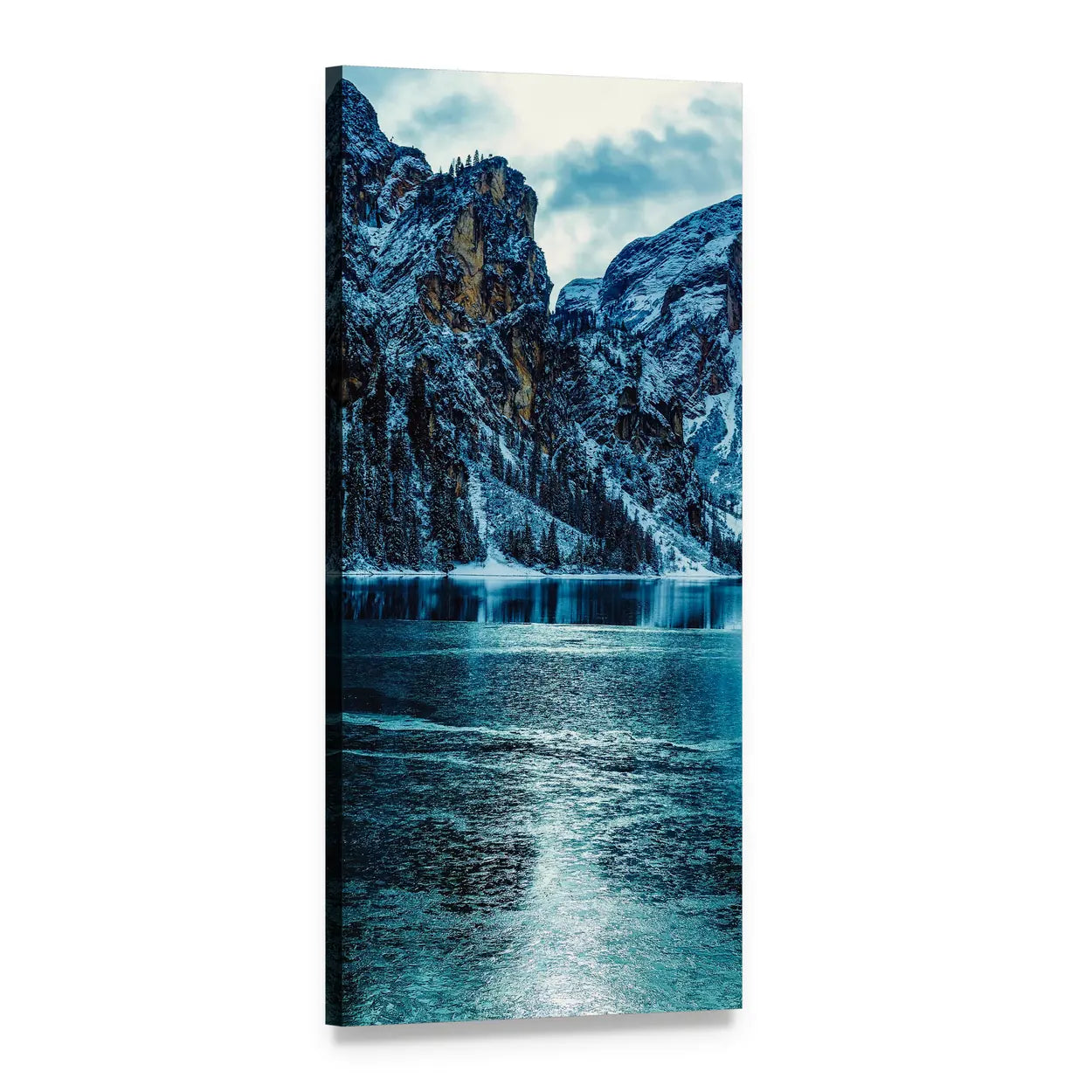Snow-dusted Mountains Over a Lake Vertical Canvas Wall Art, 1 panel 1 Vertical layout gallery wrapped canvas set, angled product view