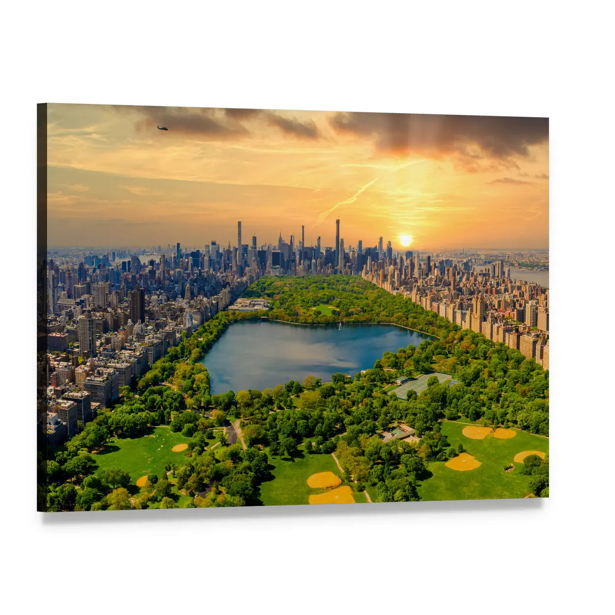 Central Park Reservoir and Manhattan Skyline Canvas Wall Art, single panel gallery wrapped canvas, angled product view
