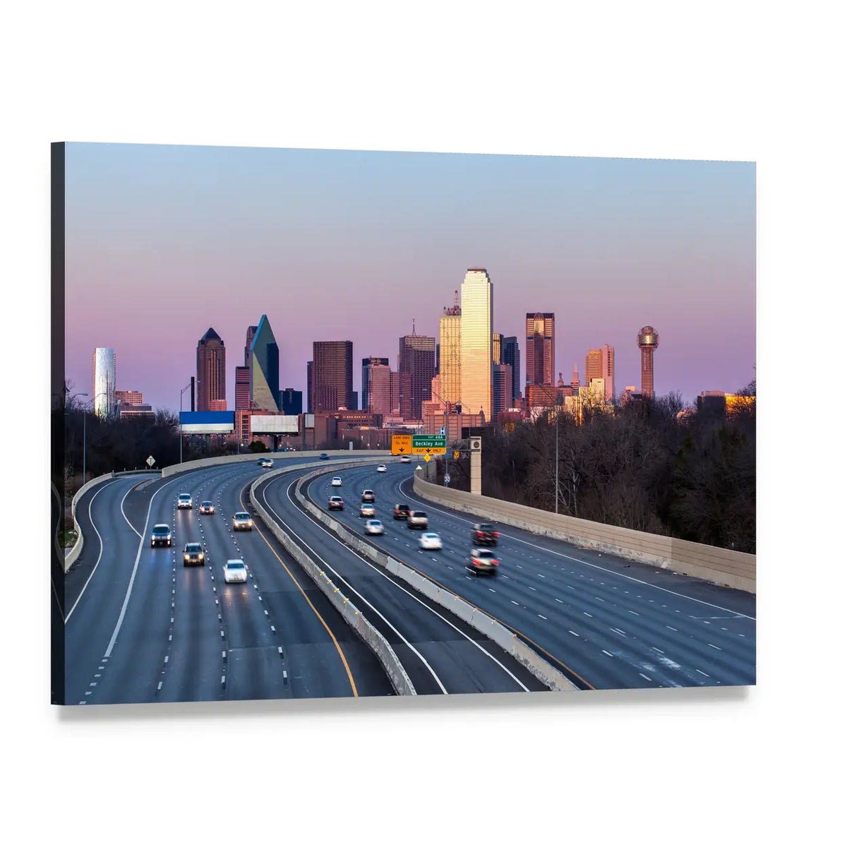 Downtown Dallas Skyline Canvas Wall Art, single panel gallery wrapped canvas, angled product view