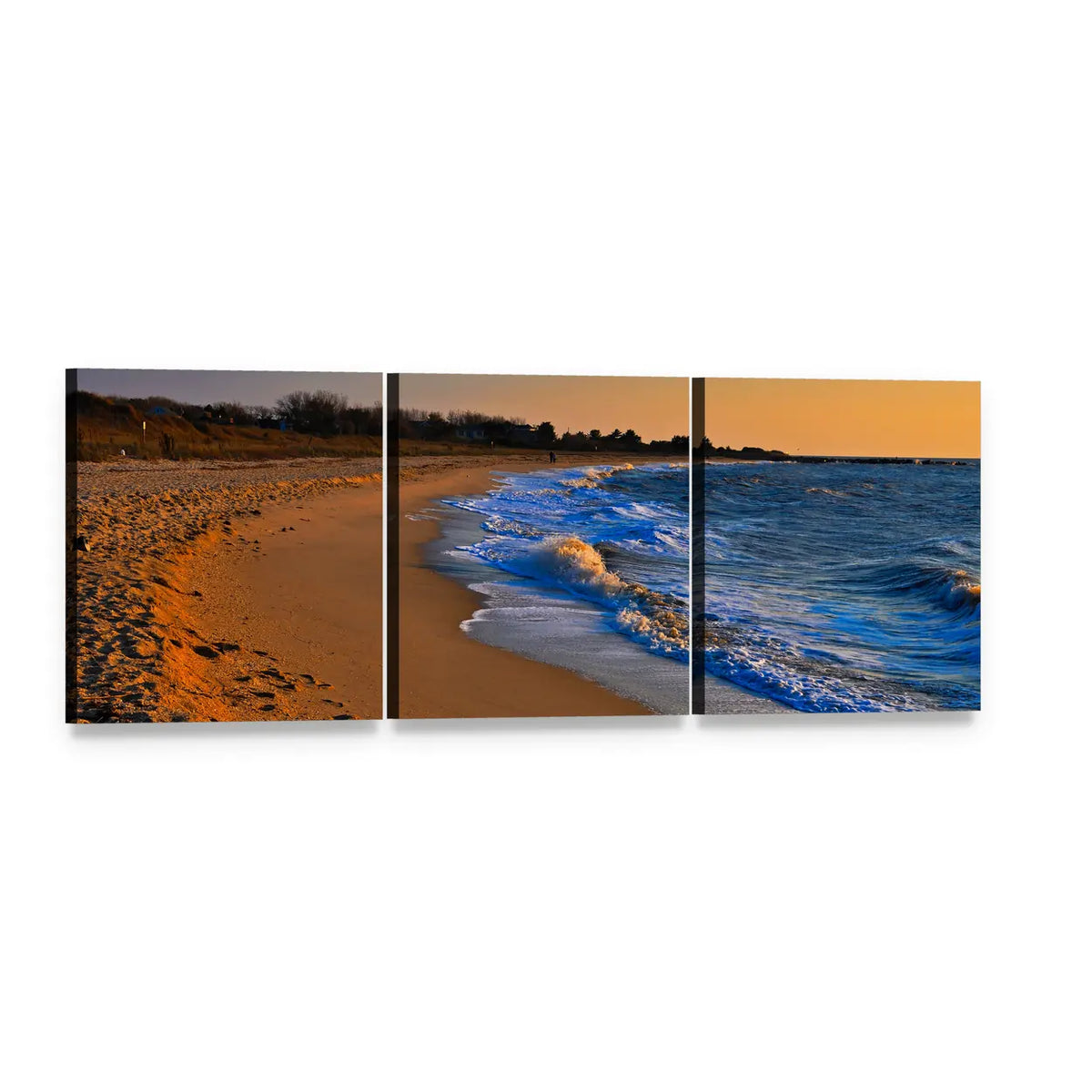 Sunset on New Jersey Beach Panoramic Canvas Wall Art, 3 panel 3 Piece layout gallery wrapped canvas set, angled product view