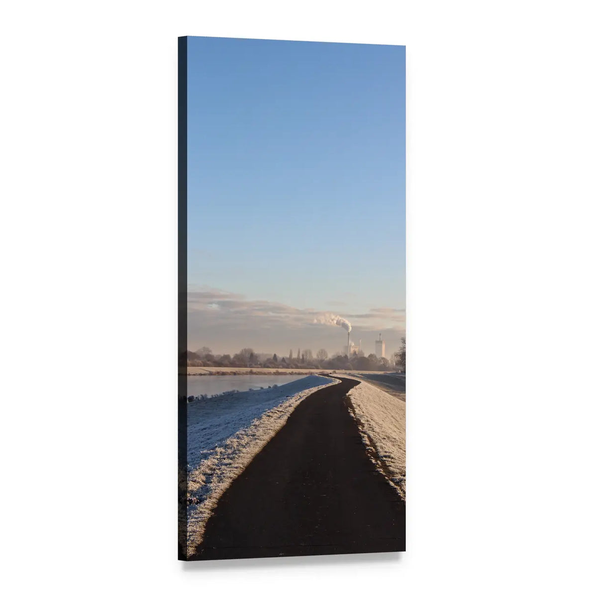 Winter Path with Distant Smokestack Vertical Canvas Wall Art, 1 panel 1 Vertical layout gallery wrapped canvas set, angled product view
