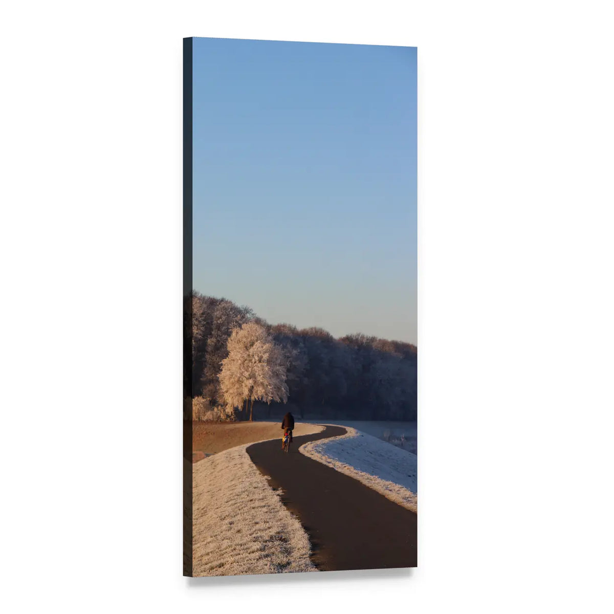 Lone Cyclist on Frosted Winter Path Vertical Canvas Wall Art, 1 panel 1 Vertical layout gallery wrapped canvas set, angled product view