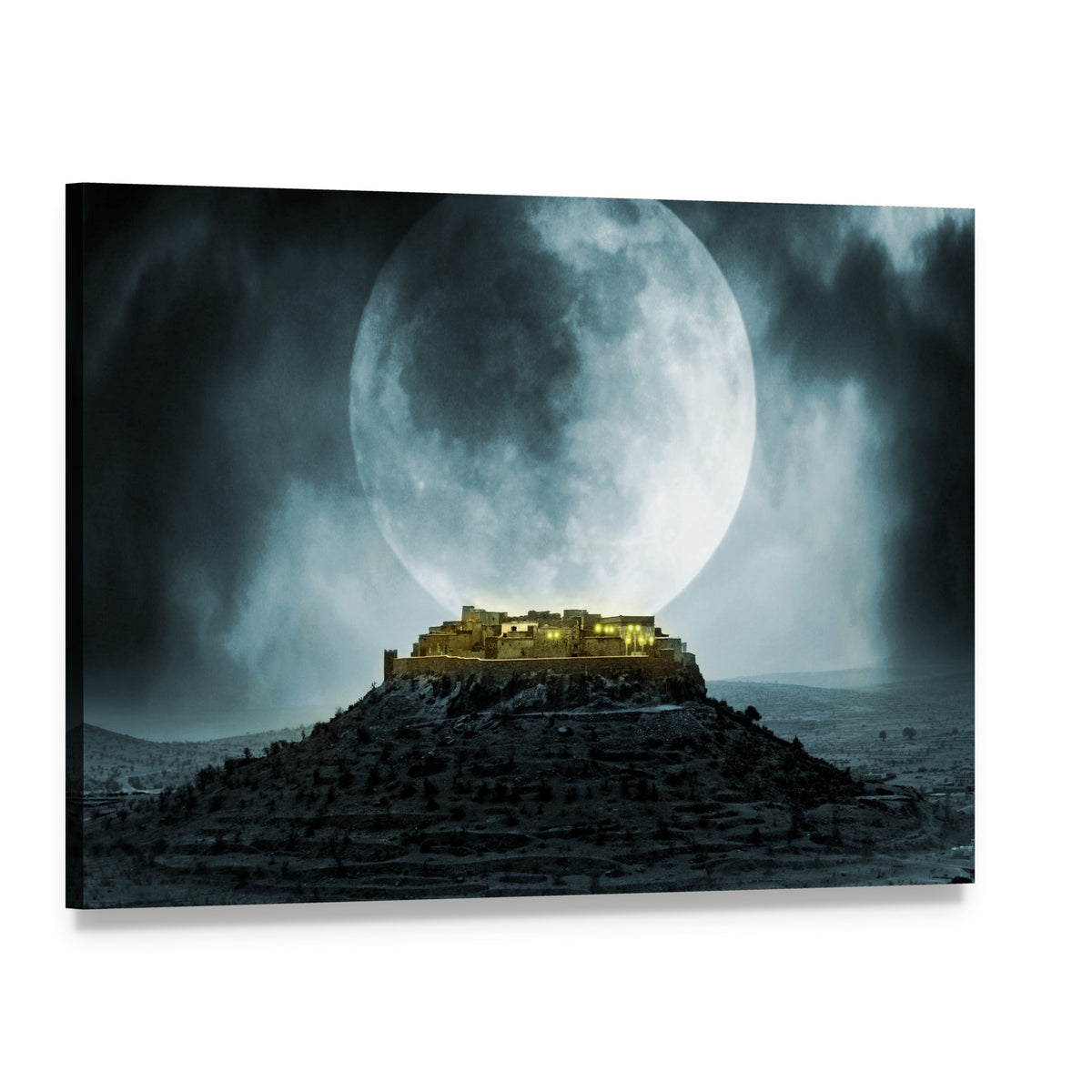 Moonlit Hilltop Village Canvas Wall Art, single panel gallery wrapped canvas, angled product view