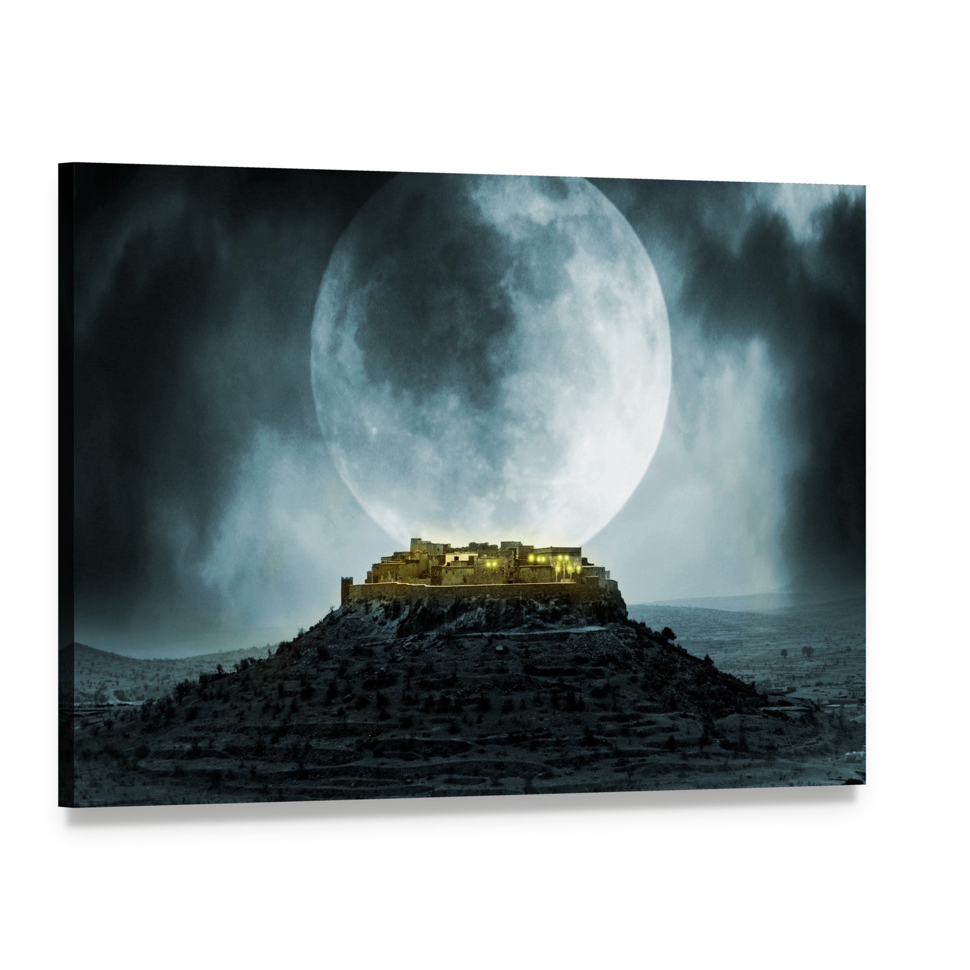 Moonlit Hilltop Village Canvas Wall Art, single panel gallery wrapped canvas, angled product view