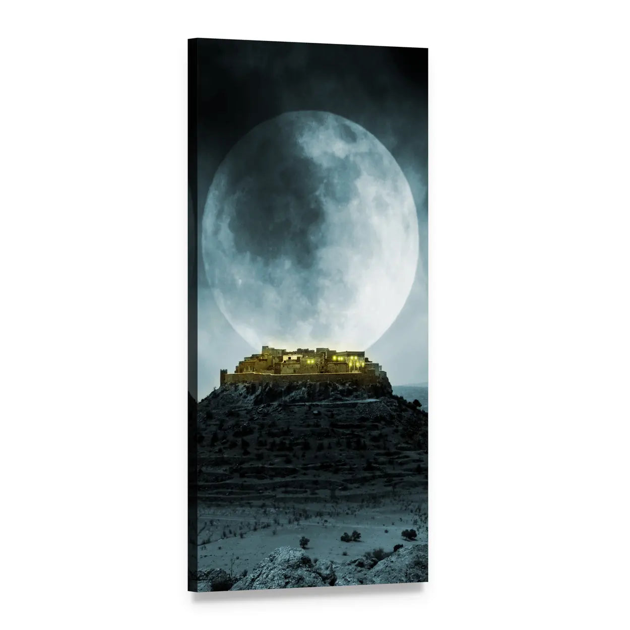 Moonlit Hilltop Village Vertical Canvas Wall Art, 1 panel 1 Vertical layout gallery wrapped canvas set, angled product view