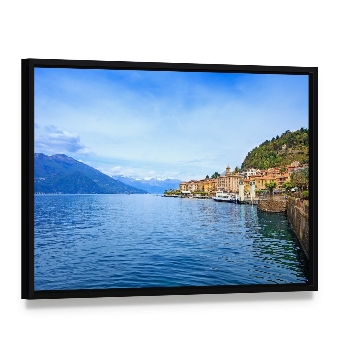 Bellagio Town with Como Lake Canvas Wall Art, framed canvas in a black floater frame, angled product view