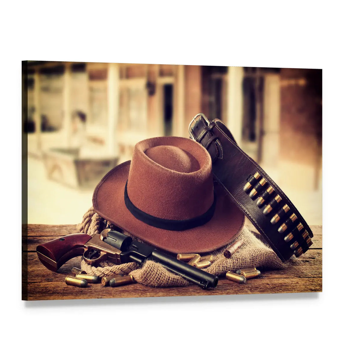 Cowboy Hat, Revolver, and Gun Belt Canvas Wall Art, single panel gallery wrapped canvas, angled product view